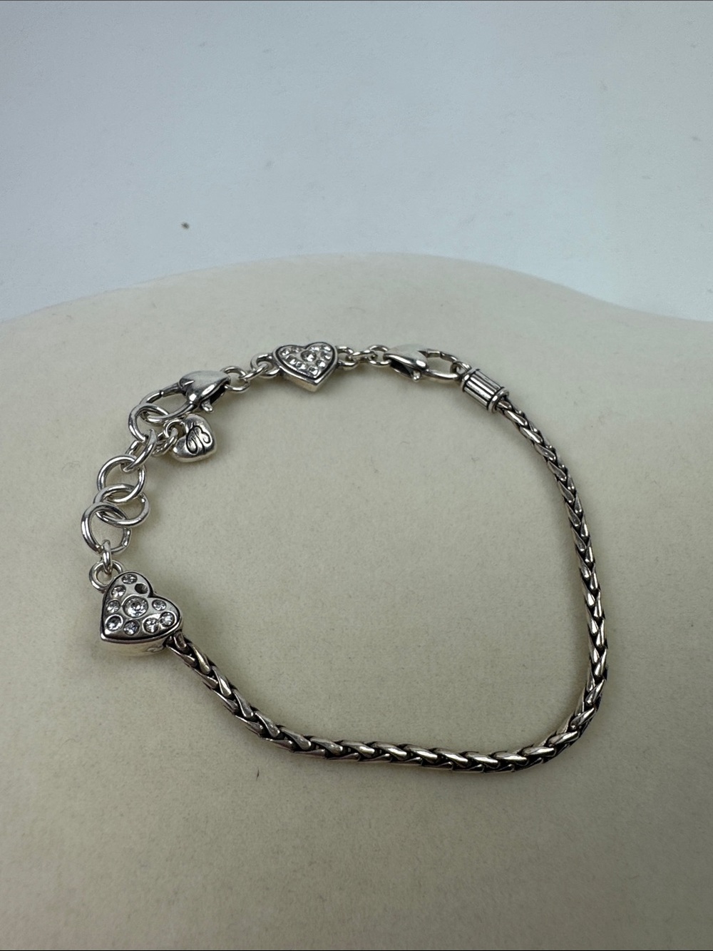Brighton Silver Heart Charm Bracelet with Crystal Accents Clasp New